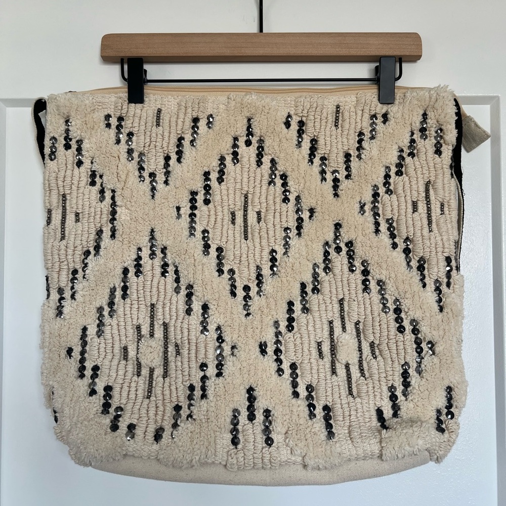Lovestitch Boho Woven Beaded Shoulder Bag Cream Large Tote Festival Coastal